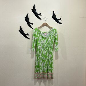 Lilly Pulitzer Goldy Border Silk Scoop Neck Silk Dress Limeade Floral Print ~ M